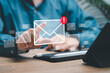 © NongAsimo - New email notification warning sign email and internet communication concept, Businessman use tablet receive email data digital marketing, email icon technology, Online working internet network