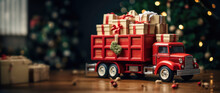 Vintage Red Merry Christmas Toy Truck Filled With Gift Boxes For Kids. Festive Presents For New Year Concept With Copy Space.
