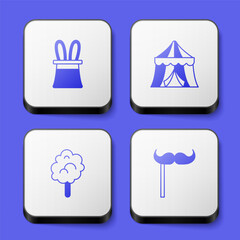 Poster - Set Magician hat and rabbit ears, Circus tent, Cotton candy and Paper mustache stick icon. White square button. Vector