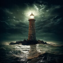 Brightly-lit Lighthouse Stands Against A Backdrop Of A Turbulent, Stormy Sky. AI-generated.