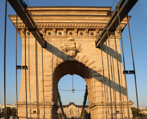 Famous Szechenyi Chain Bridge that spans the River Danube between Buda and Pest In Budapest Hungary