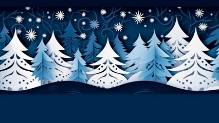 Wall Mural - minimalist blue  and white christmas background line art illustration with trees, snow and stars, Xmas card background banner, copy space for text