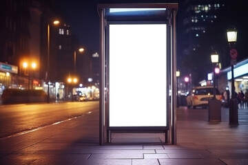 Wall Mural - Empty billboard mockup on bus stop at roadside in city. Outdoor blank advertising space in light box at bus stop in night