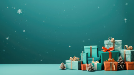 Poster - Many gift boxes tied ribbons and paper decorations on turquoise background. Christmas background.