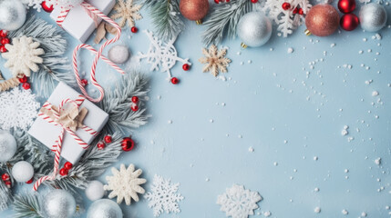 Poster - Gift boxes with christmas decorations on a blue background. Top view. Flat lay.