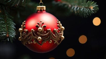 Canvas Print - Close up of a beautiful ball on decorated Christmas tree. Christmas and New years eve background.