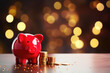 Holiday finance with a piggy bank wearing a Santa hat, surrounded by coins, against a backdrop of festive bokeh lights. Savings and wealth management. Copy space area.