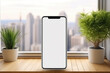 Smartphone with a blank screen in a modern apartment, representing the concept of an app for finding houses and apartments to buy or rent. Gateway to seamless real estate technology.