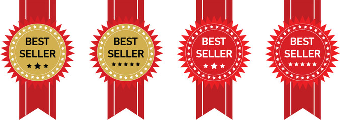 Best seller sticker label set with red ribbon isolated fit for mark best seller product vector art.