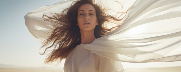 Woman in a long white dress walking in the desert with flowing fabric in the wind