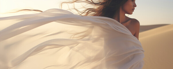 Woman in a long white dress walking in the desert with flowing fabric in the wind