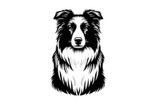 Vector Isolated One Single Sitting Border Collie Dog Head Front View Black And White Bw Two Colors Silhouette. Template For Laser Engraving Or Stencil, Print For T Shirt