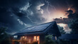 house with solar panels on the roof in a thunderstorm with lightning