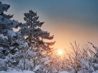 Poster - Snowy forest in winter at golden sunset. Colorful landscape with pine trees in snow, orange sky in evening. Snowfall in woods. Wintry woodland. Snow covered mountain forest at dusk.