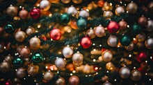  A Close Up Of A Christmas Tree With A Lot Of Baubles Hanging From It's Branches And Lights In The Background.  Generative Ai