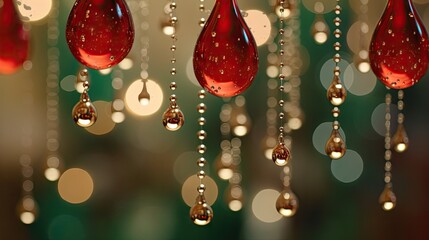 Poster -  a close up of drops of water hanging from a chandelier with boket lights in the background.  generative ai