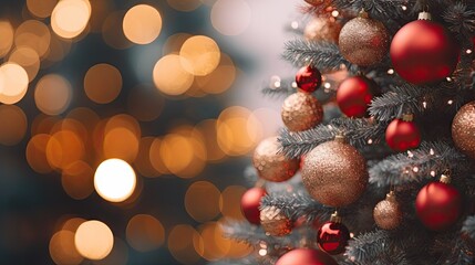 Poster -  a close up of a christmas tree with red and gold ornaments and a blurry christmas tree in the background.  generative ai