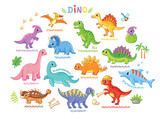 Fototapeta Dinusie - Vector set with dinosaurs in cartoon style. Collection of dinosaurs on.