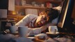 Tired overworked man sleeps at the table. Many coffee cups. Person work very hard. Office manager closed eyes. Overtime late job. Exhausted employee guy. Asleep business worker. Funny spleepy lazy man