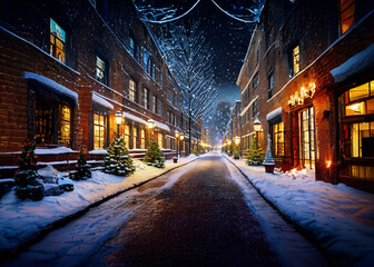 a lane sidewalk home streets light christmas holidays silent night snow cozy warm street together family holiday season snowy lights garland glow winter icy cold outdoors tradition