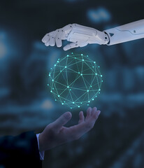 Human and robot hands touch the cyber network, the concept of human and AI collaboration in the virtual world.