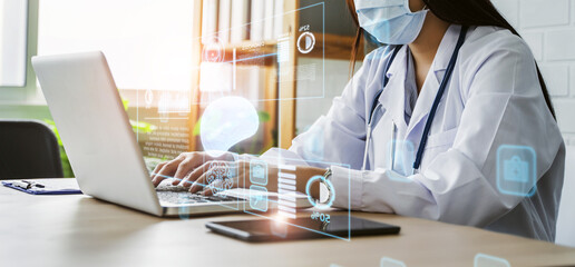 Doctor diagnosing patient brain disease illness, working office research studying using modern computer technology display assistance AI, healthcare medical hospital  staff clinical health examination
