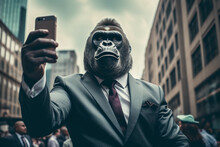 Gorilla Dressed In A Businessman's Suit In A City Taking A Selfie With His Mobile
