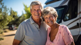 Fototapeta  - Joyous elderly couple smiling and embracing each other