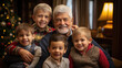 © Studio Nova - Elderly gentleman is sitting on a sofa with four young children, likely his grandchildren, all smiling and posing for a family portrait in a cozy home setting.