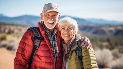 Sticker - Elderly couple with joyful smiles, taking a selfie while hiking outdoors, equipped with backpacks, hats, and sunglasses, amidst a lush green forest backdrop.