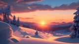 Fototapeta  - winter sundown landscape, winter forest wallpaper, snowy beautiful forest landscape, sunset in a impressive frozen woodland
