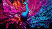  A Close Up Of A Colorful Peacock With Feathers On It's Back And Its Tail Feathers Are Multicolored.  Generative Ai