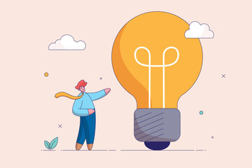 Think big concept. Smart entrepreneur thinking with big oversized idea light bulb. Aspiration to win and success in business, big idea from creativity and imagination to overcome fear. Flat vector.