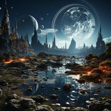 AI Generated Illustration Of Stunning Fantasy Planets Over A Shimmering Lake And A Castle