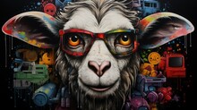  A Close Up Of A Sheep Wearing Glasses And A Painting Of A Truck And Other Vehicles On A Black Background.  Generative Ai
