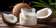 Organic Coconut Spa Essentials, coconut oil in a glass jar with a stack of fresh coconuts in the background, Creamy coconut oil sits in a glass jar, complemented by a raw coconut, generative AI
