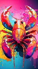 Wall Mural -  a close up of a colorful crab on a blue, pink, yellow, and pink background with paint splatters.  generative ai