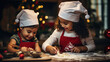 Two joyful children, a boy and a girl, share a moment of happiness as they bake and decorate Christmas cookies together in a warmly lit kitchen with a festive tree in the background.