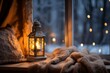 Warm light of a candle in a lantern placed in a windowsill with cozy blanker and a view of winter snow covered forest