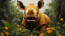  A Painting Of A Rhino In The Middle Of A Jungle With Flowers And Trees Around It And Rain Falling Down On It.  Generative Ai