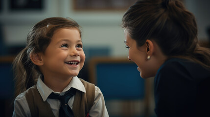 Canvas Print - A teacher in a kindergarten or elementary school surrounded by her students.