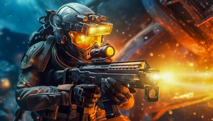 Wall Mural - AI generated illustration of a soldier wearing a full combat uniform in a space warfare scene