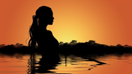 Wall Mural - Silhouette of a woman enjoying sunset by the sea and standing against the suns