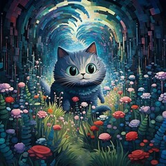 Canvas Print - a cat sitting on top of a lush green forest filled with flowers