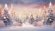 An illustration of a snowy winter forest adorned with sparkling Christmas trees and a warm glow of lights, a magical holiday atmosphere