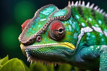 Sticker - Close-up of a green and red chameleon head. AI-generated.