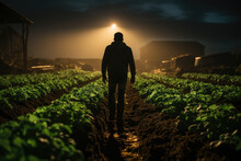 A Solitary Figure Stands Amidst The Foggy Night, Silhouetted Against The Dark Landscape Of A Lettuce Field, Surrounded By The Lush Green Crops And Swaying Grass, Their Clothing Blending Into The Outd