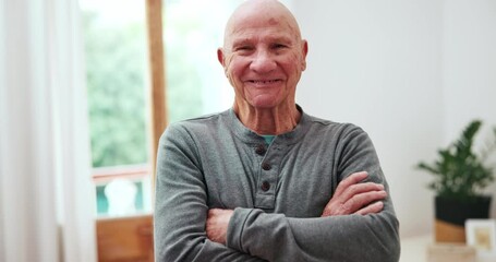 Sticker - Home, face and senior man with arms crossed, smile and confident guy in a living room. Happy, pensioner and elderly person with retirement, happiness and old age with portrait, weekend break and care