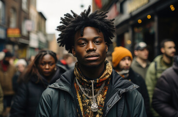 Large group of people standing in the street with focus on a black men looking at camera