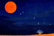 ilustracja grafika krajobraz nocą ciemne niebo jasne ptaki lecące w stronę święcącego księżyca.